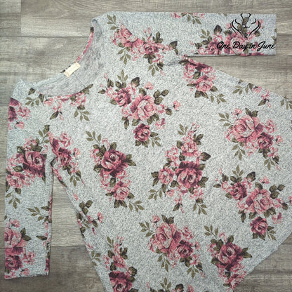 Altar'd State Floral Sweater Dress Gray Pink Rose Print Long Sleeve Size L
