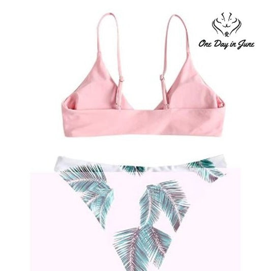 Zaful Palm Leaf Bikini Swimsuit Pink White Green Adjustable Strap NWT Size S