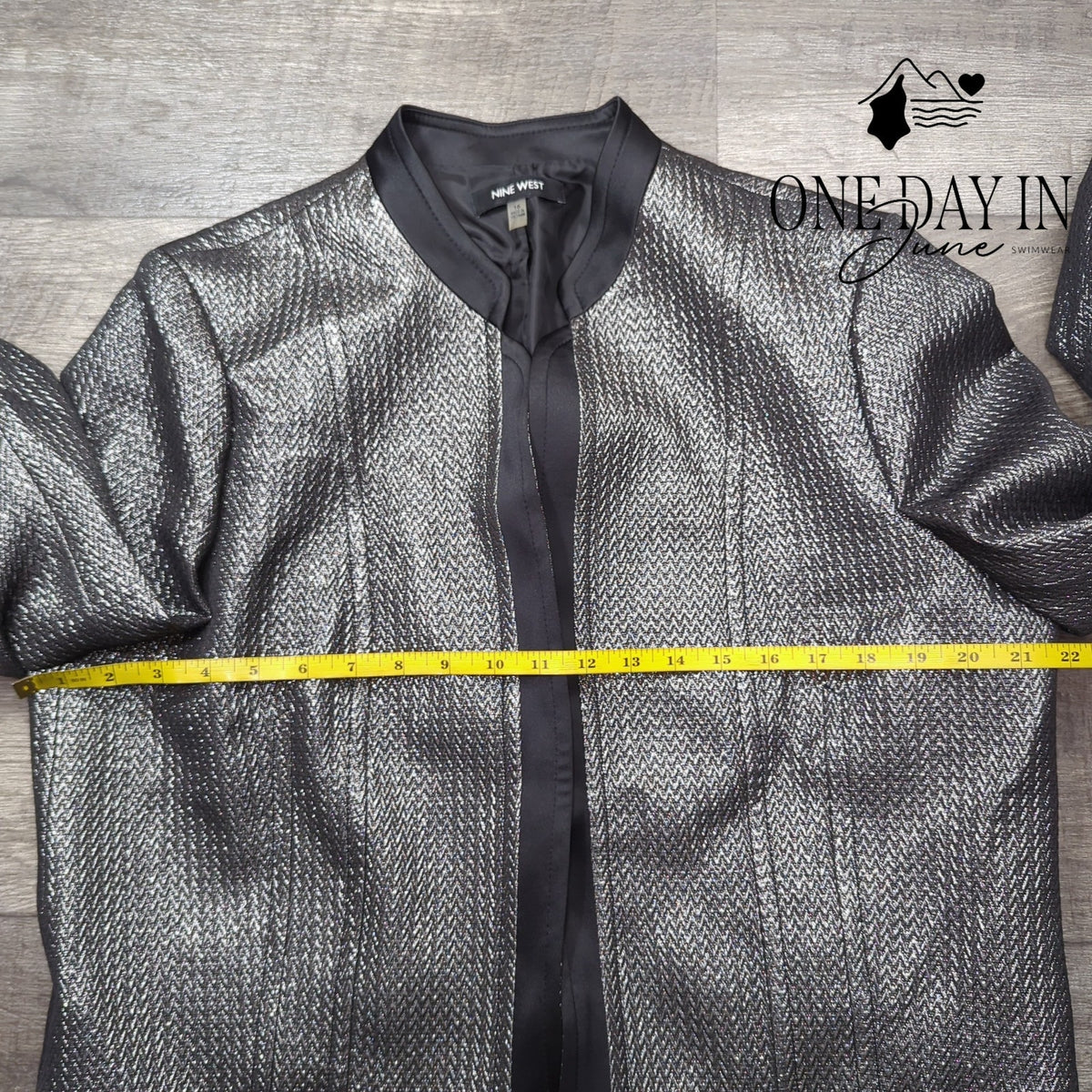 Nine West Metallic Silver Open Front Blazer Black Platinum NWT $129 Size 16
