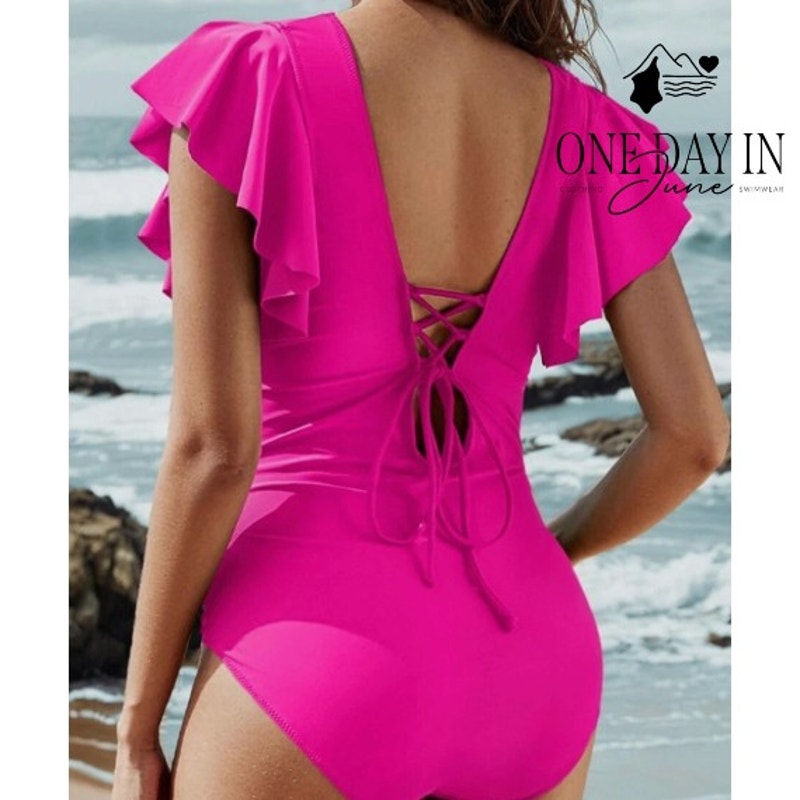 Blooming Jelly Twist Front Ruffle Lace Up Back One Piece Swimsuit Size M