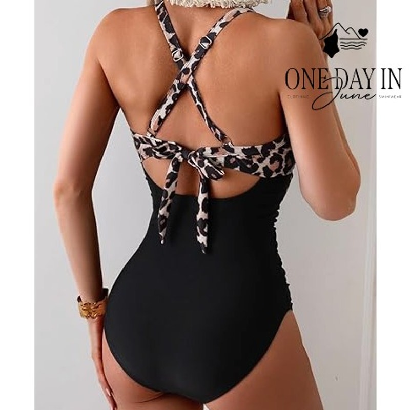 Eomenie Leopard Print Cross Front Cut Tie Back One Piece Swimsuit NWT Size XL