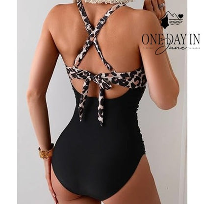 Eomenie Leopard Print Cross Front Cut Tie Back One Piece Swimsuit NWT Size XL