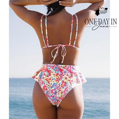Sporlike Womens Floral Ruffle Triangle High Waist Bikini Swimsuit NWT Size S