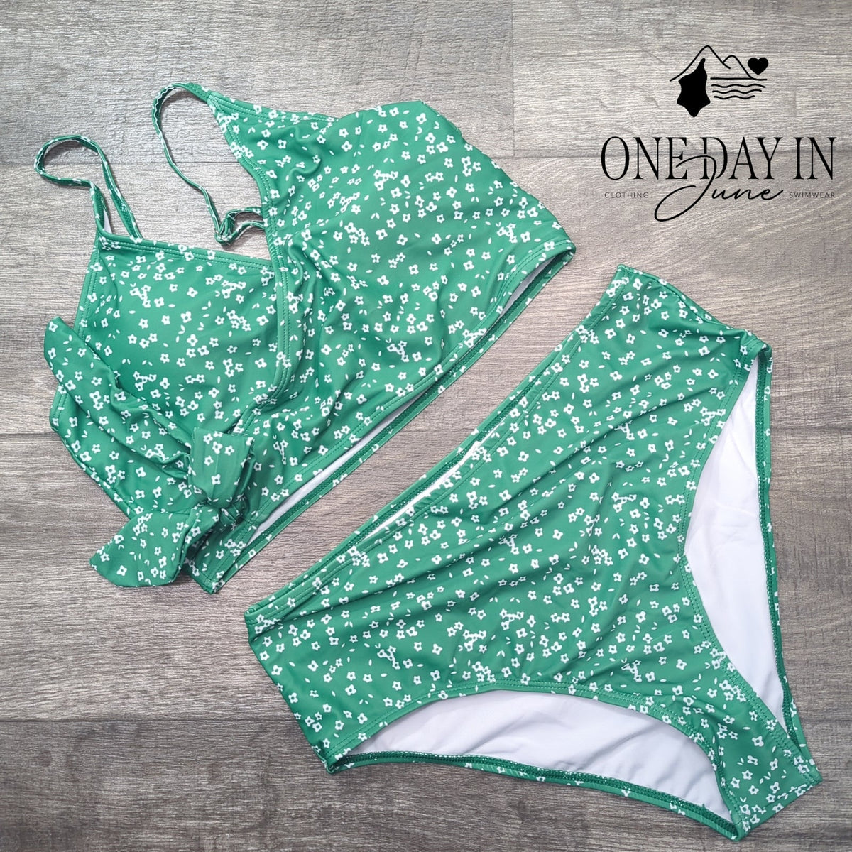 CharmLeaks Floral Crop Tie Front High Waist Bikini Green White Size XL