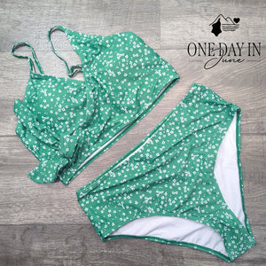 CharmLeaks Floral Crop Tie Front High Waist Bikini Green White Size XL