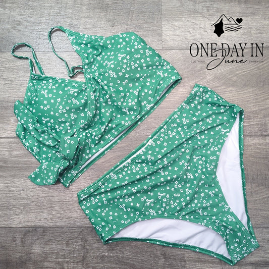 CharmLeaks Floral Crop Tie Front High Waist Bikini Green White Size XL