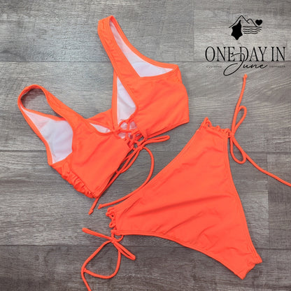 CharmLeaks Twist Front Bikini Swimsuit Neon Orange Tie Side 2 Piece Size S