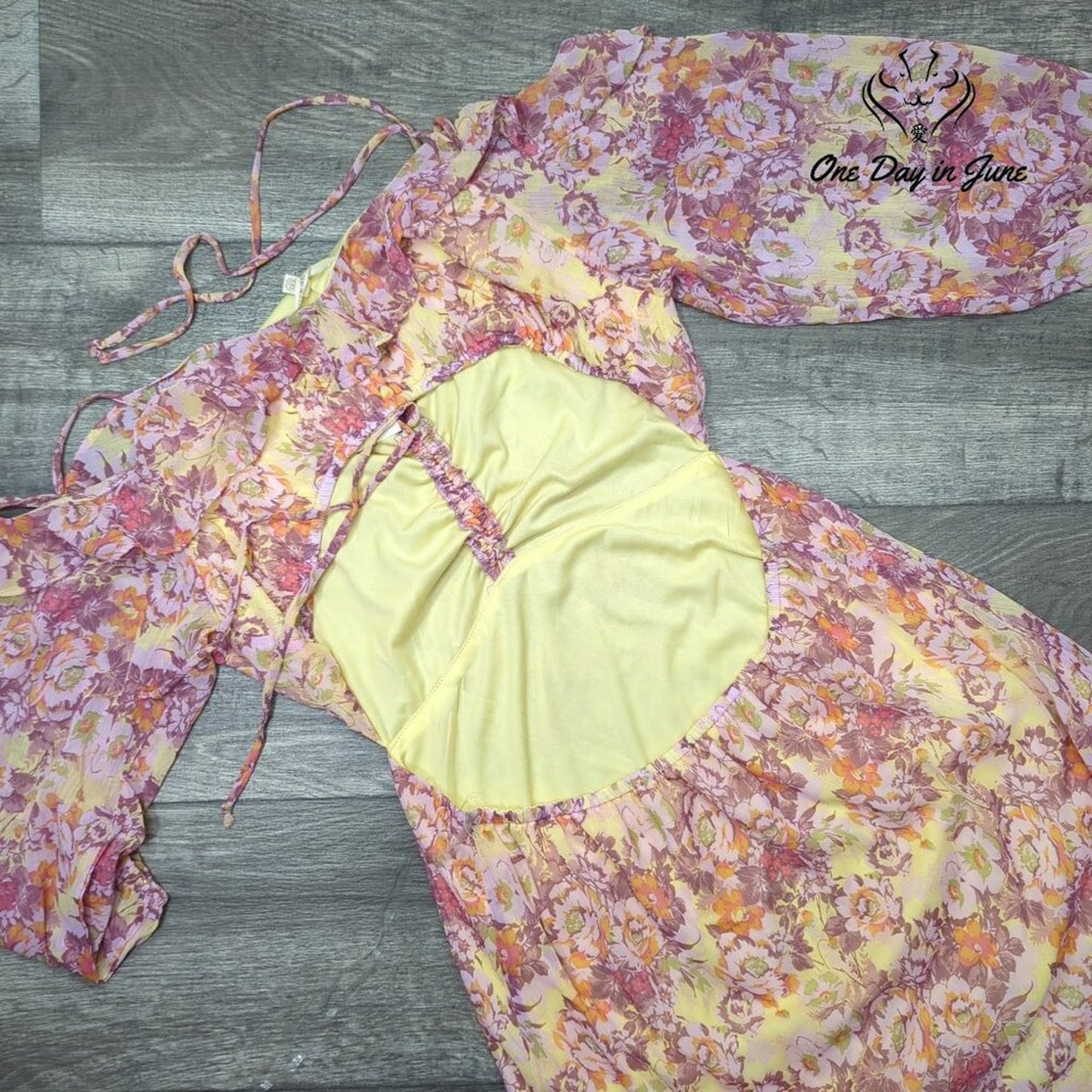 Rewind Open Back Floral Mini Dress Pink Yellow Chiffon Ruffle NWT Size XXL