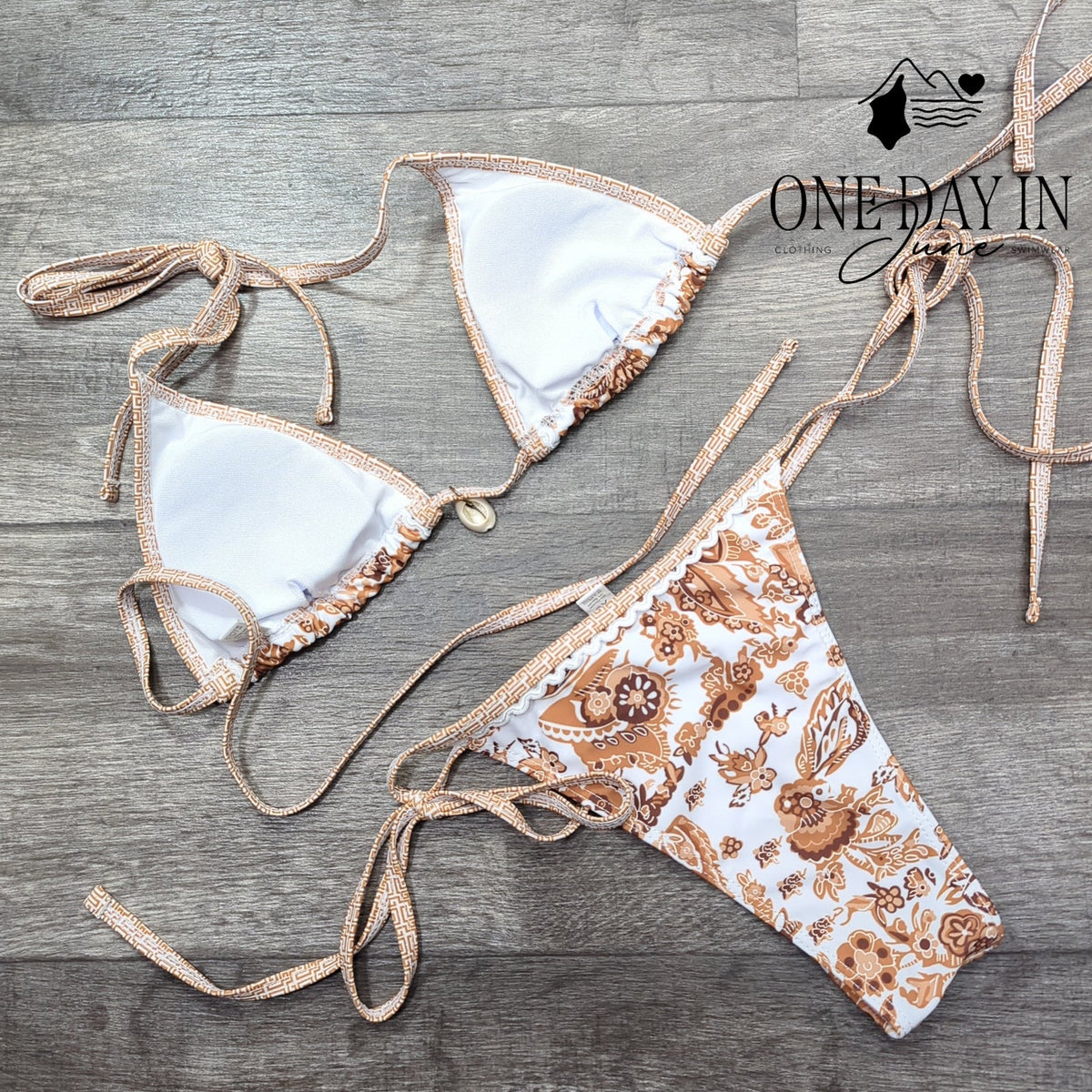 Aleumdr Triangle Tie Side Bikini Swimsuit Brown Floral 2 Piece Size XS
