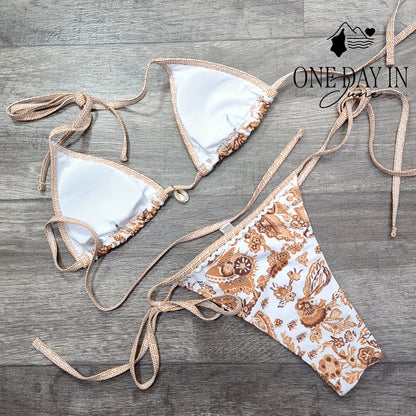 Aleumdr Triangle Tie Side Bikini Swimsuit Brown Floral 2 Piece Size XS