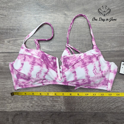 Bar III Summer Stripes V-Wire Tie Back Bikini Top Purple Fuchsia NWT Size M