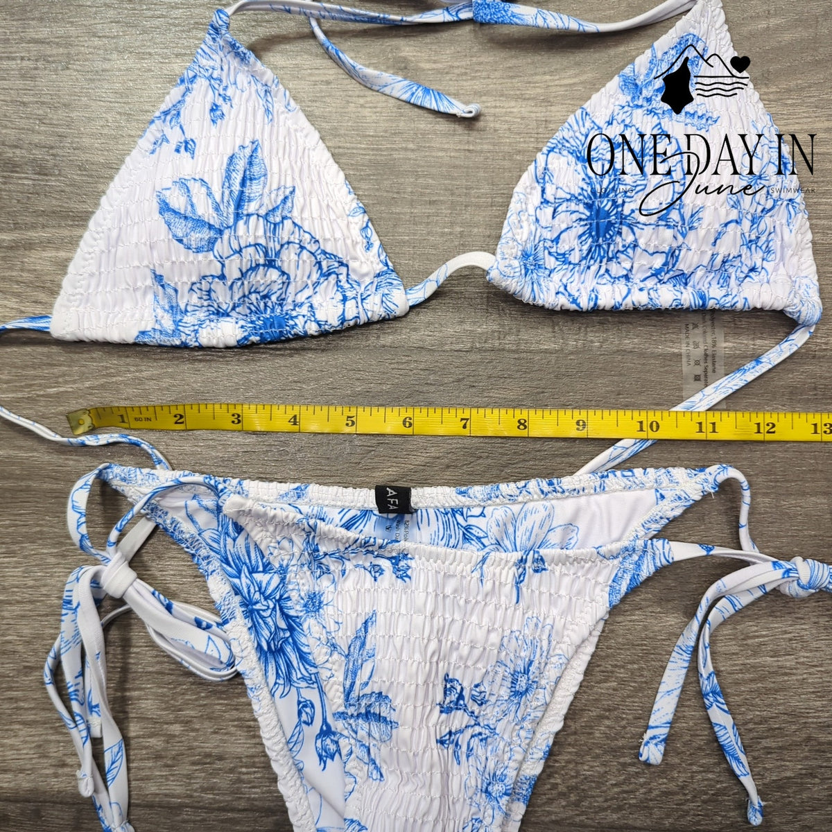 Volafa Smocked Triangle Tie Side Cheeky Bikini Swimsuit Blue White Size M