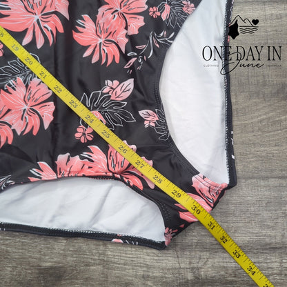 Zando Cross Back One Piece Swimsuit Black Pink Floral Size 2XL
