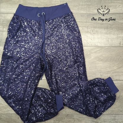 Susana Monaco Sequin Drawstring Jogger Pants Thunder Blue Size XS