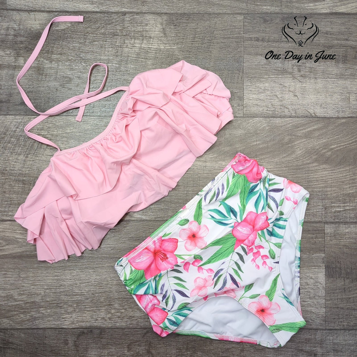 ODIJ Ruffle Halter Tie Back High Waisted Bikini Pink Floral Size M