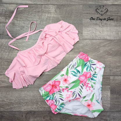 ODIJ Ruffle Halter Tie Back High Waisted Bikini Pink Floral Size M