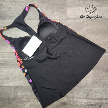 Maxine of Hollywood V Neck Racerback Tankini Top Black Polka Dot NWT Size 8