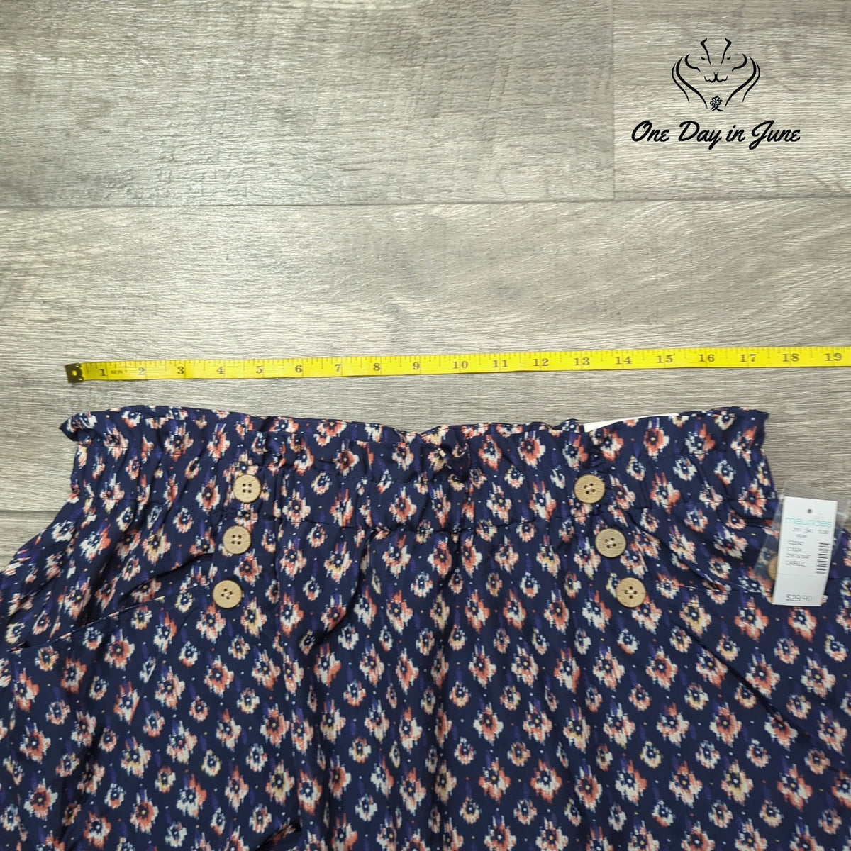 Maurices Pull On Skirt Navy Ikat Print Border Hem Button Detail NWT Size L