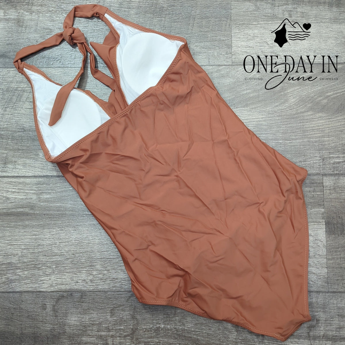 Suuksess Ruffle V Neck Ruched Halter One Piece Swimsuit Brown Size M
