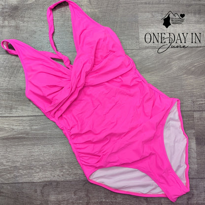 Suuksess Cross Front Halter One Piece Swimsuit Hot Pink Ruched Size M