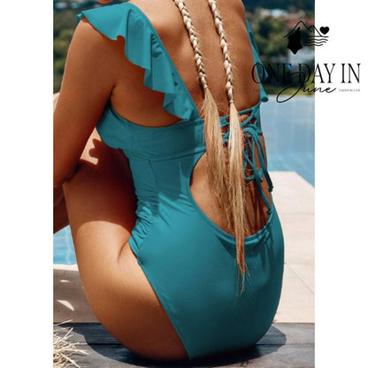 Cupshe Tie Back Ruffle Tummy Control One Piece Swimsuit Size L