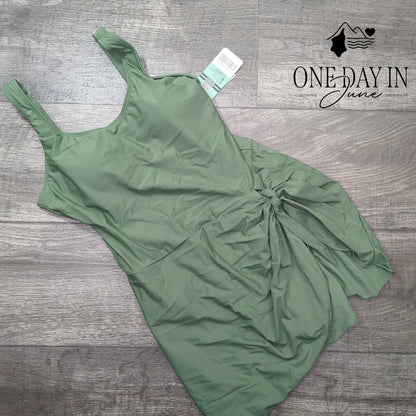 Shekini Scoop Neck Tie Side Swimdress One Piece Swimsuit Olive Green NWT Size M
