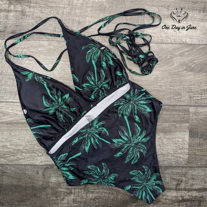 Amzbrly Thin Strap Bandage Deep Plunge One Piece Swimsuit Size L