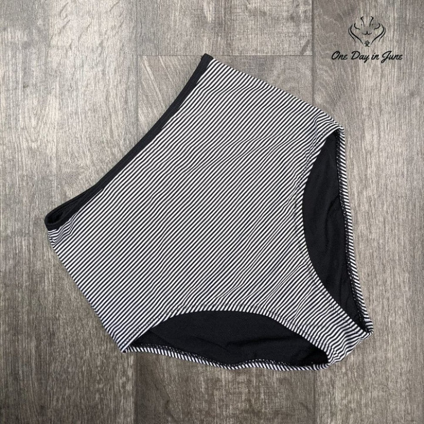 Relleciga High Cut High Waist Bikini Bottom Black White Striped Swimwear Size S
