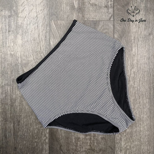Relleciga High Cut High Waist Bikini Bottom Black White Striped Swimwear Size S