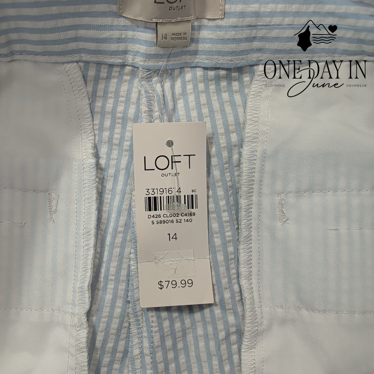 Loft Skinny Ankle Seersucker Pants Blue White Stripe NWT $79.99 Size 14