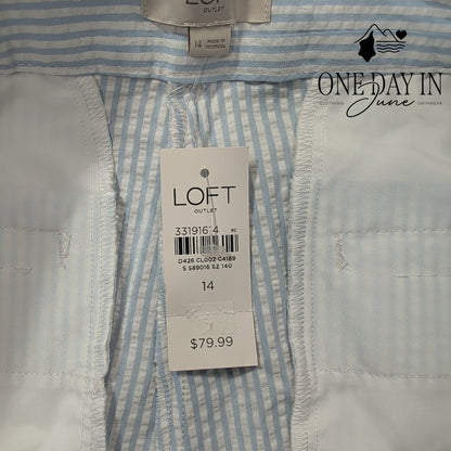 Loft Skinny Ankle Seersucker Pants Blue White Stripe NWT $79.99 Size 14