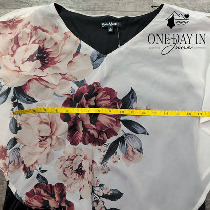 Sara Michelle Layered Floral Chiffon Blouse Black White Pink NWT Size L