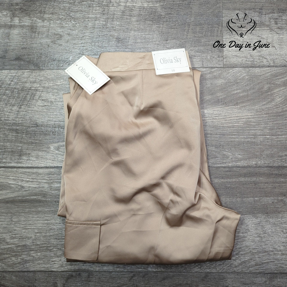 Olivia Sky Madrid Satin Cargo Pants Tan Praline Straight Leg NWT Size 10