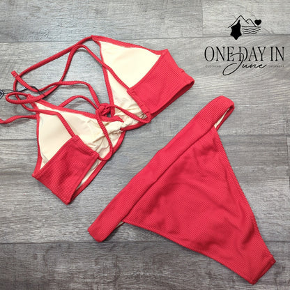 Zaful Ribbed Bikini Swimsuit Red High Cut Knot Strappy Two Piece NWT Size L