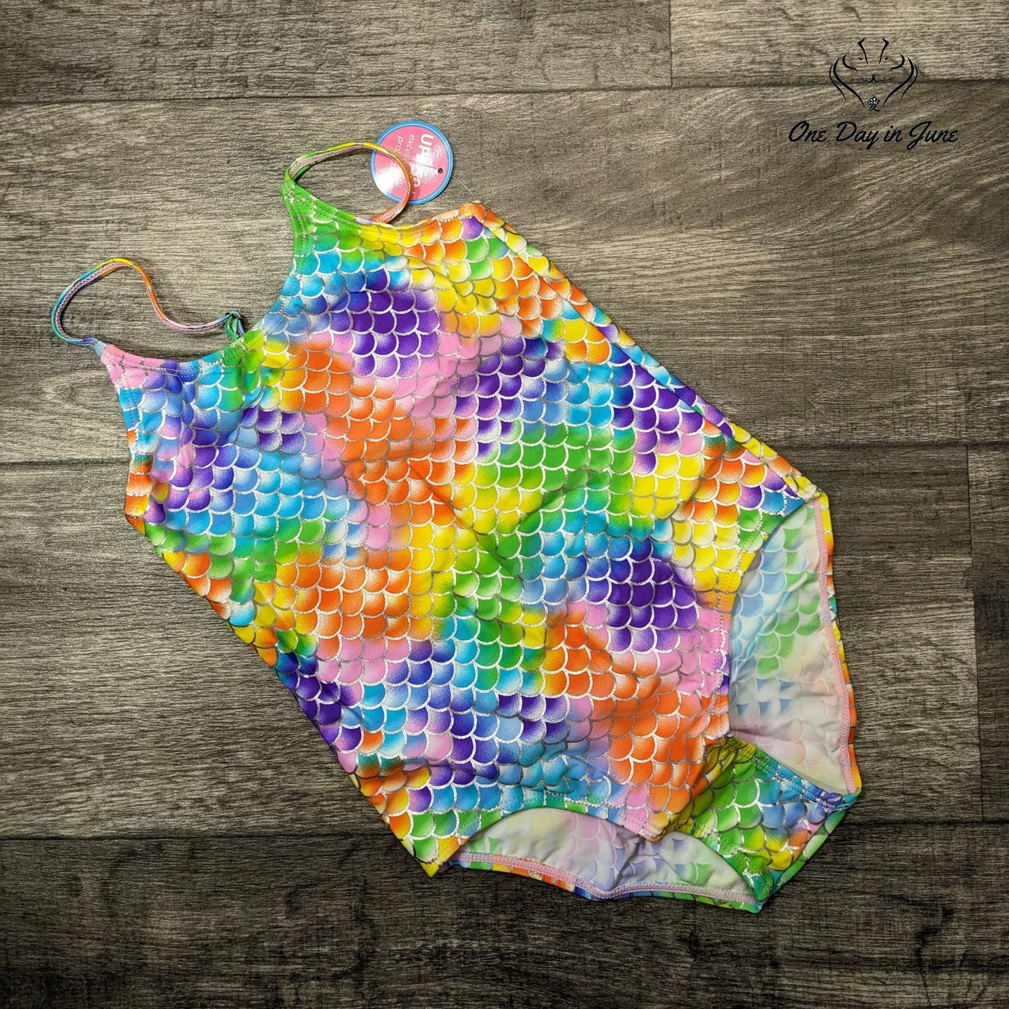 Sanifer Girls Mermaid Scales One Piece Swimsuit Rainbow NWT UPF 50+ Size 9-10