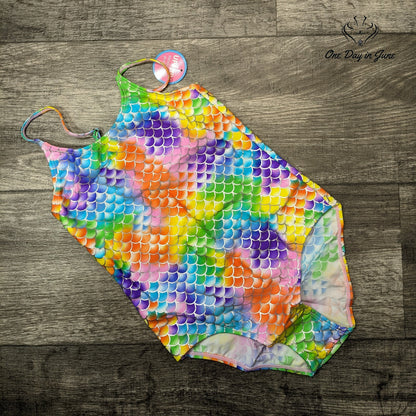 Sanifer Girls Mermaid Scales One Piece Swimsuit Rainbow NWT UPF 50+ Size 9-10