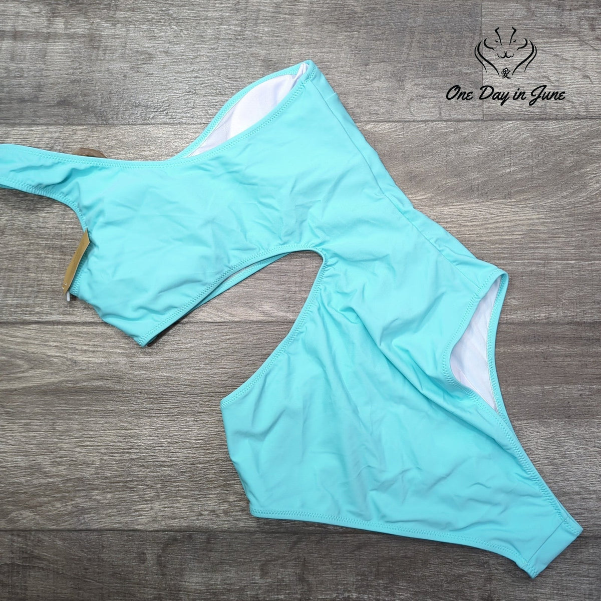 Hilinker One Shoulder One Piece Swimsuit Aqua Blue Cutout NWT Size S
