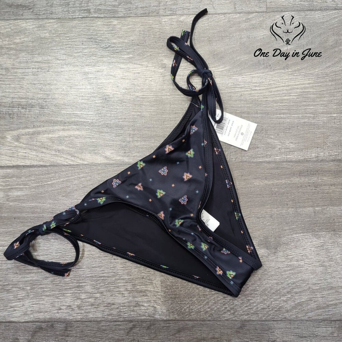 RVCA Foulard French Tie Side Bikini Bottom Black Print High Cut NWT Size M