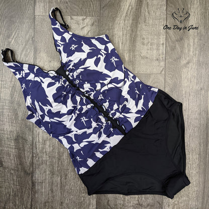 Rxrxcoco Ruched Tummy Control One Piece Swimsuit Floral Navy NWT Size L