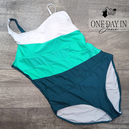 Eomenie One Shoulder One Piece Swimsuit Green White Colorblock NWT Size XL