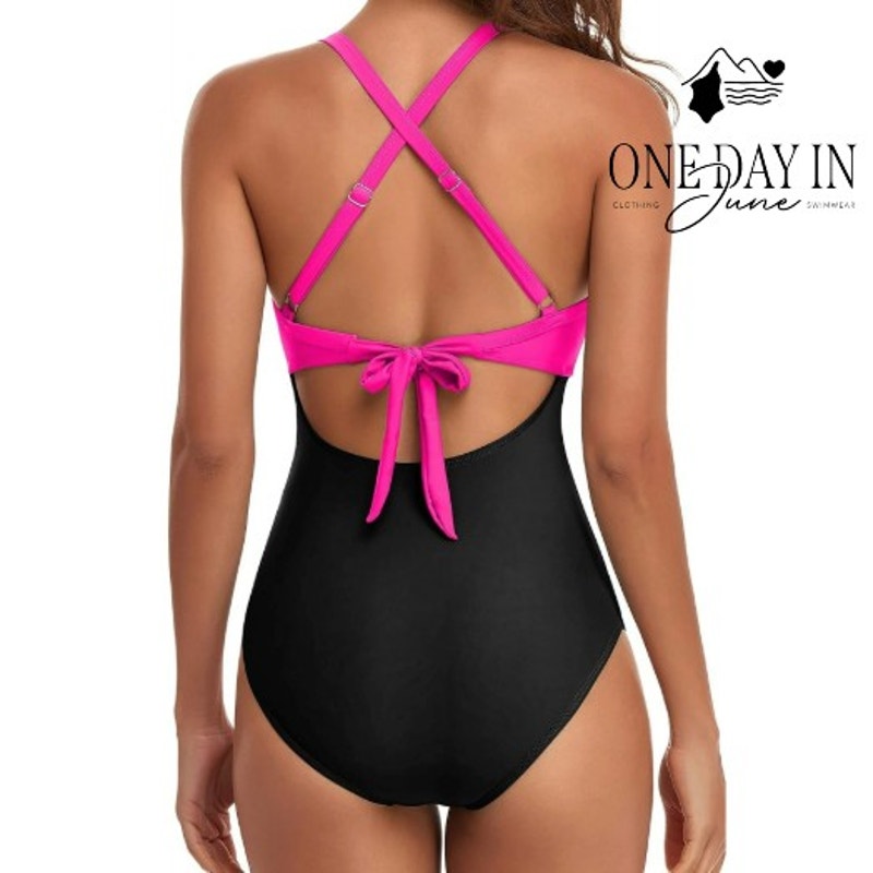 Eomenie Cross Front Cutout One Piece Swimsuit Hot Pink Black NWT Size S