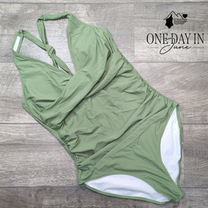 CharmLeaks Twist Front Halter One Piece Swimsuit Sage Green Size L