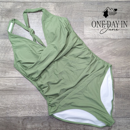 CharmLeaks Twist Front Halter One Piece Swimsuit Sage Green Size L