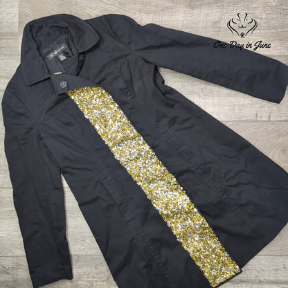 INC International Concepts Black Trench Jacket Gold Silver Sequin Trim Size S