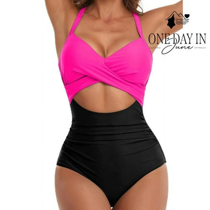 Eomenie Cross Front Cutout One Piece Swimsuit Hot Pink Black NWT Size S