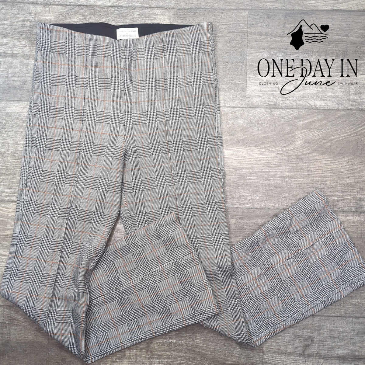 Anthropologie The Essential Crop Flare Pants Gray Plaid Orange Stretch Size 8