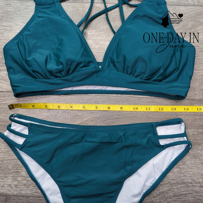Adisputent Strappy Cross Back Bikini Swimsuit Teal Blue 2 Piece Size M