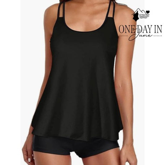 Adisputent Boyshort Tankini Swimsuit Black Scoop Neck Adjustable Strap Size M