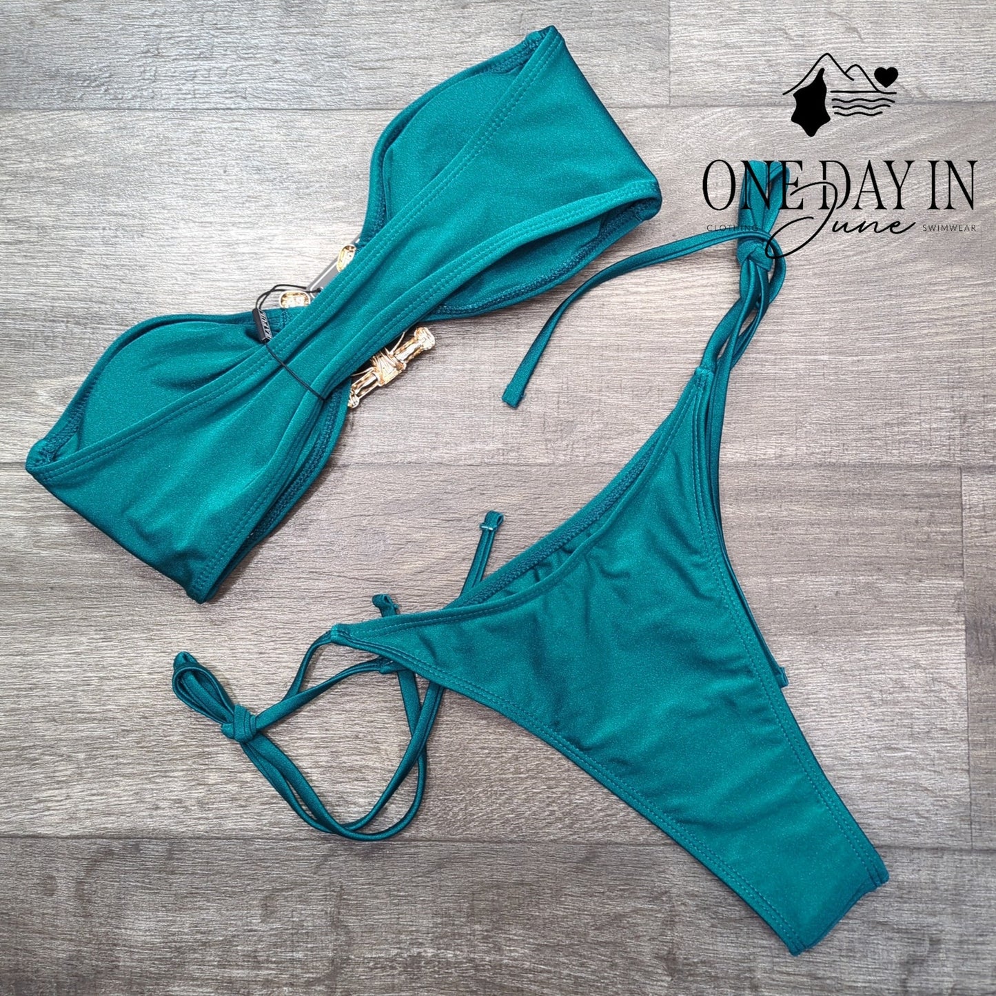 Zaful Bandeau Tie Side Bikini Swimsuit Teal Gold Hardware Strapless NWT Size M