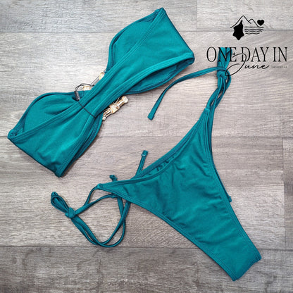 Zaful Bandeau Tie Side Bikini Swimsuit Teal Gold Hardware Strapless NWT Size M
